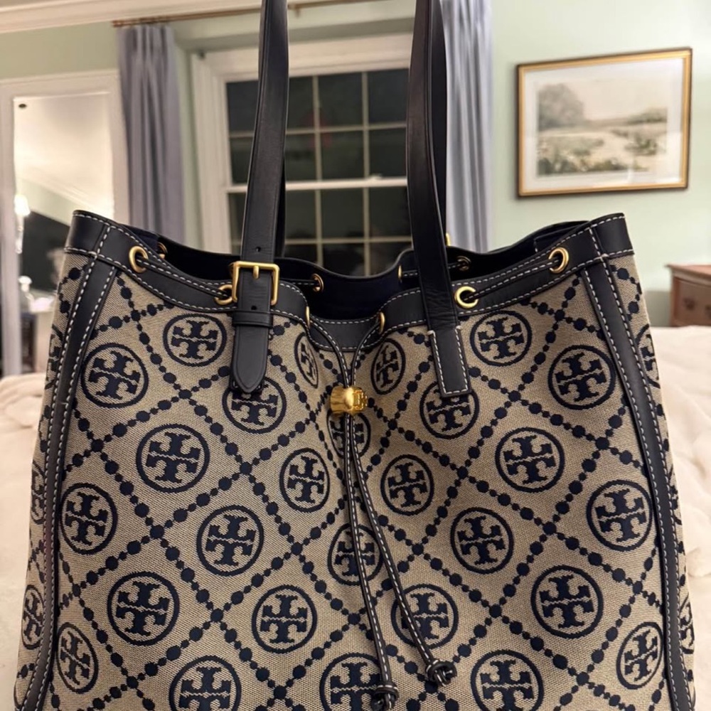 Tory Burch Beige and Navy Logo Jacquard Drawstring Tote
